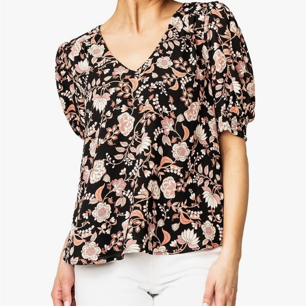 Gibsonlook Black Floral Blouse short sleeve small